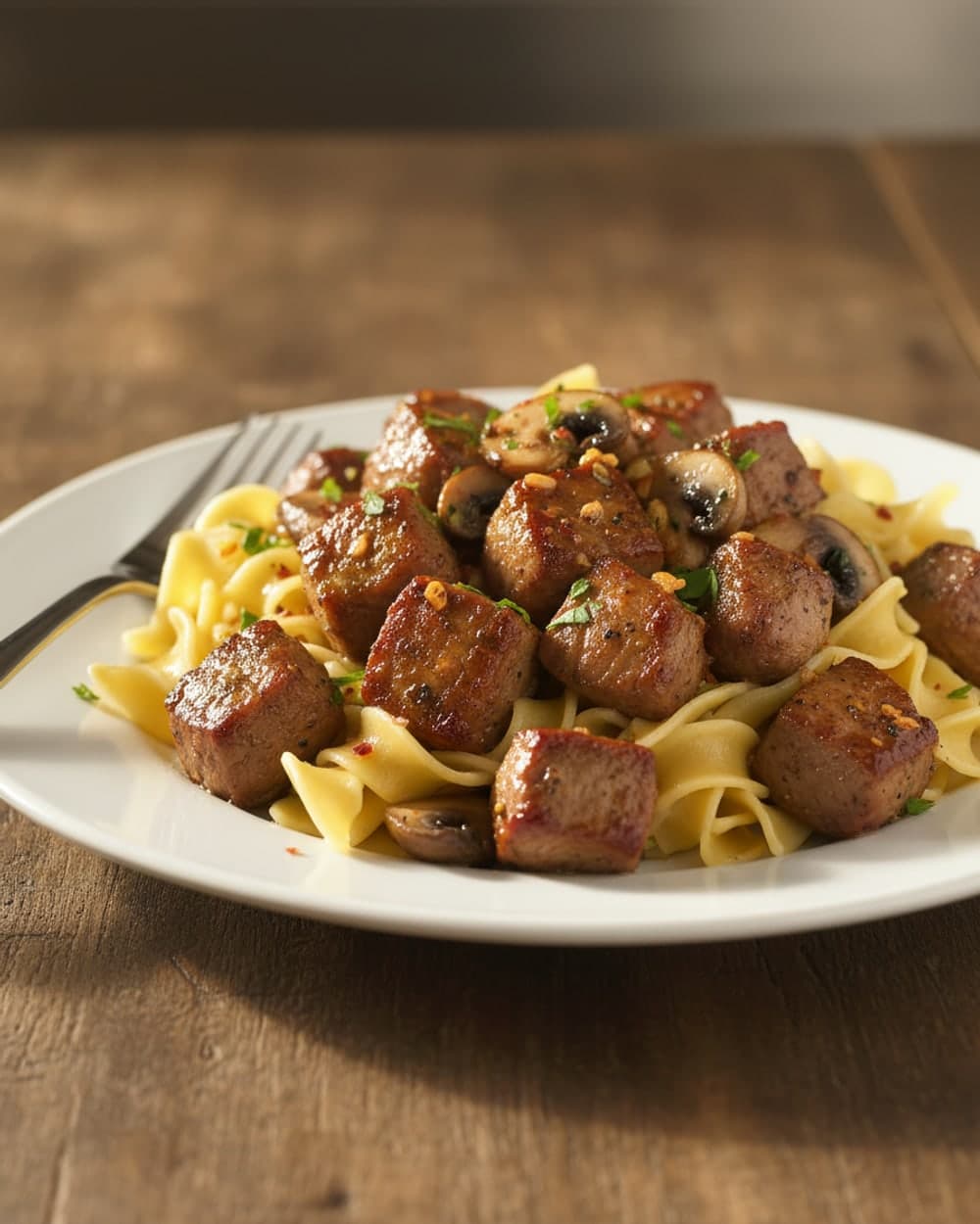 Garlic Steak Bites with Mushrooms and Buttered Noodles Tonight