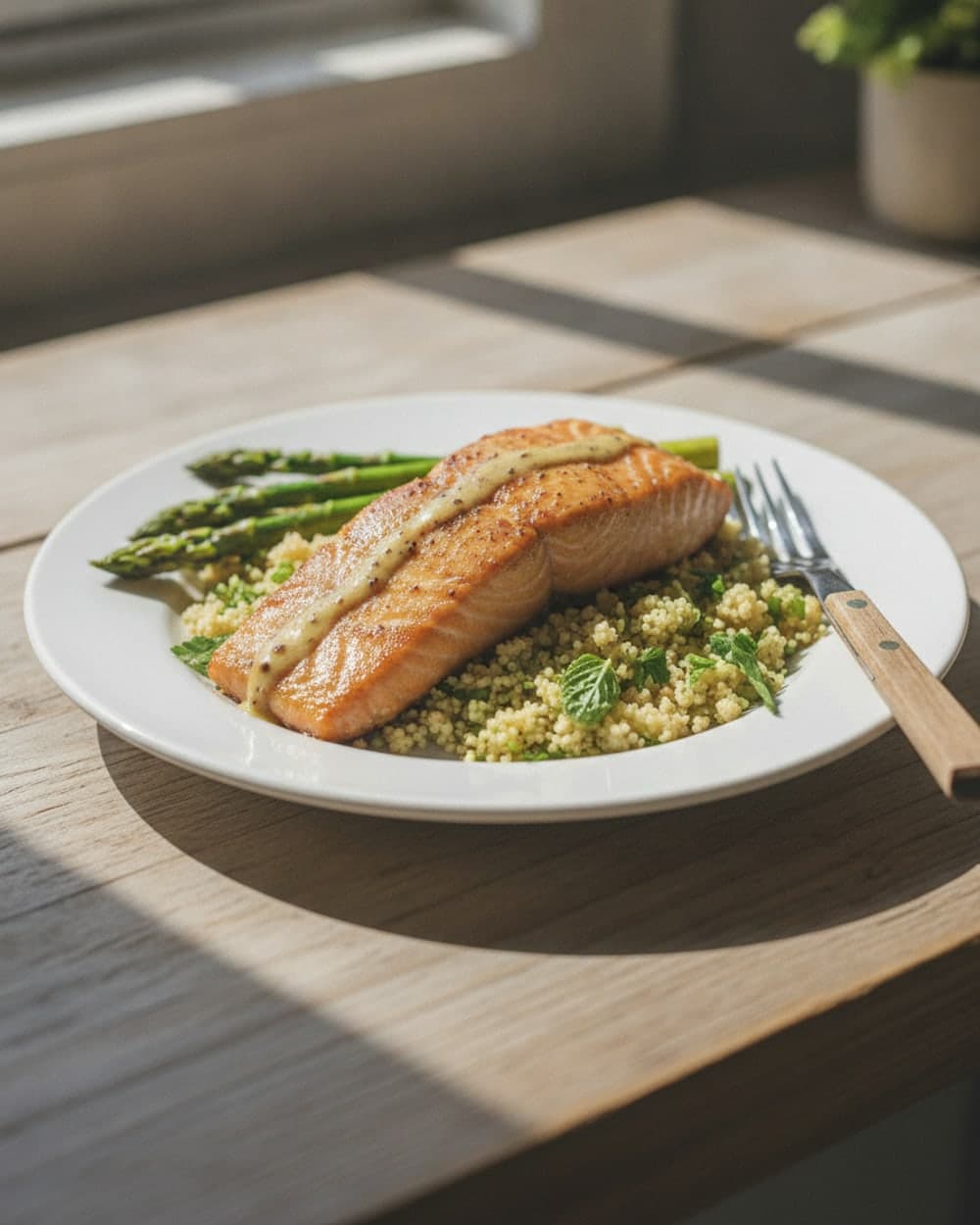 Mustard Salmon with Asparagus and Herbed Couscous for Dinner