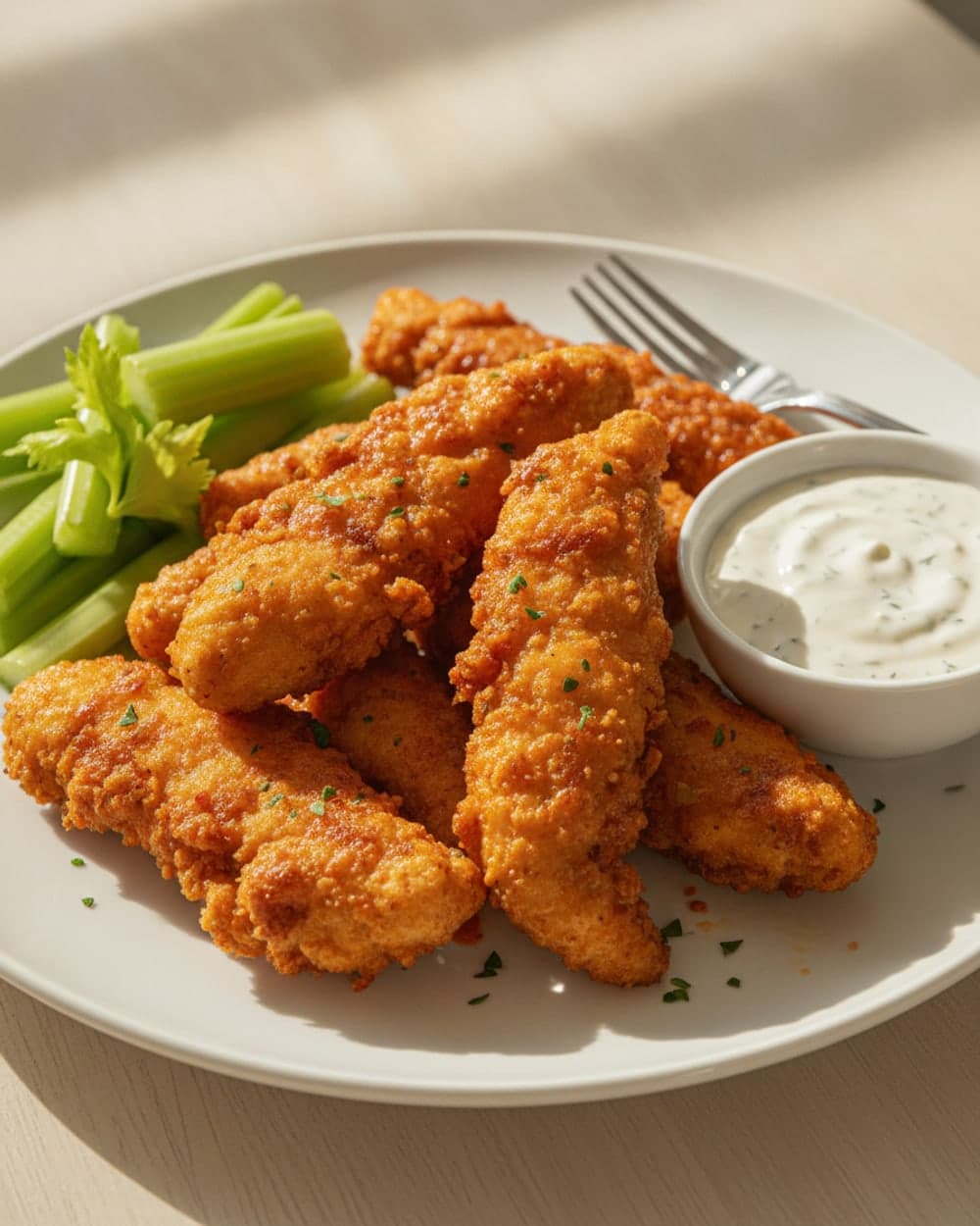 Buffalo Chicken Tenders with Celery and Ranch Dip Tonight