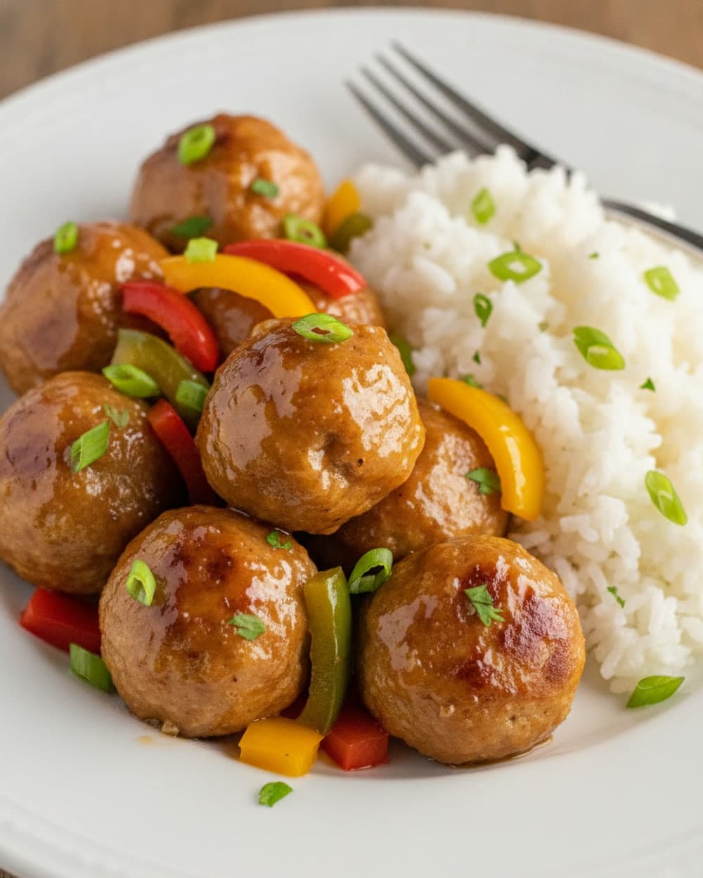 Honey Garlic Meatballs with Peppers and Steamed Rice Tonight