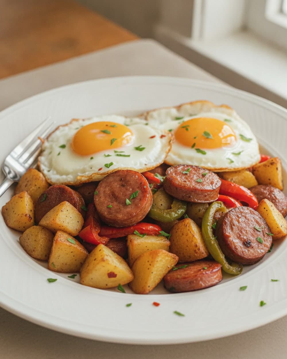 Breakfast Potatoes with Sausage Peppers and Fried Eggs Today