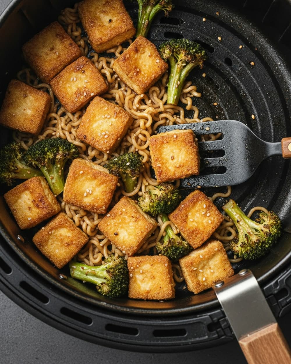 Crispy Tofu Cubes with Broccoli and Sesame Noodles Tonight