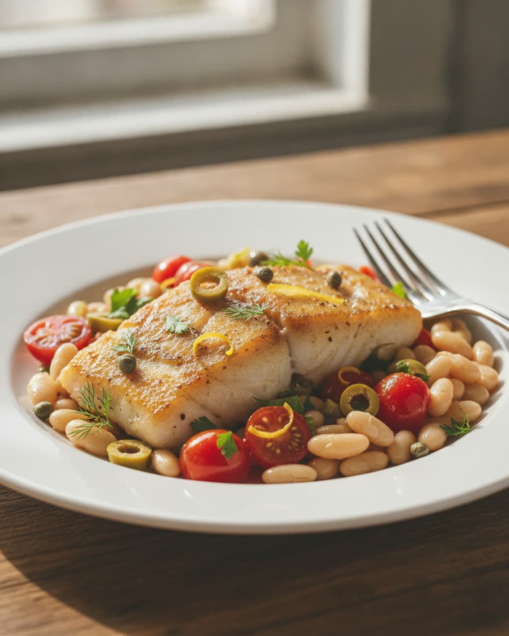 Lemon Herb Cod with Tomatoes and White Bean Salad