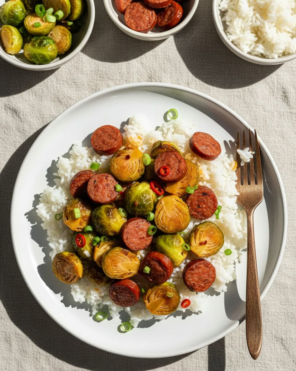 Sweet Chili Brussels Sprouts with Sausage and Rice Tonight