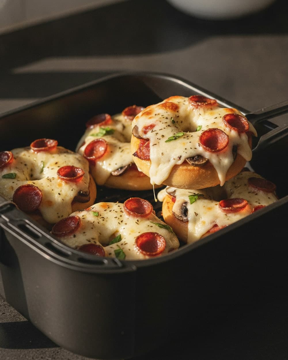 Pizza Bagels with Pepperoni Mushrooms and Melted Cheese Tonight