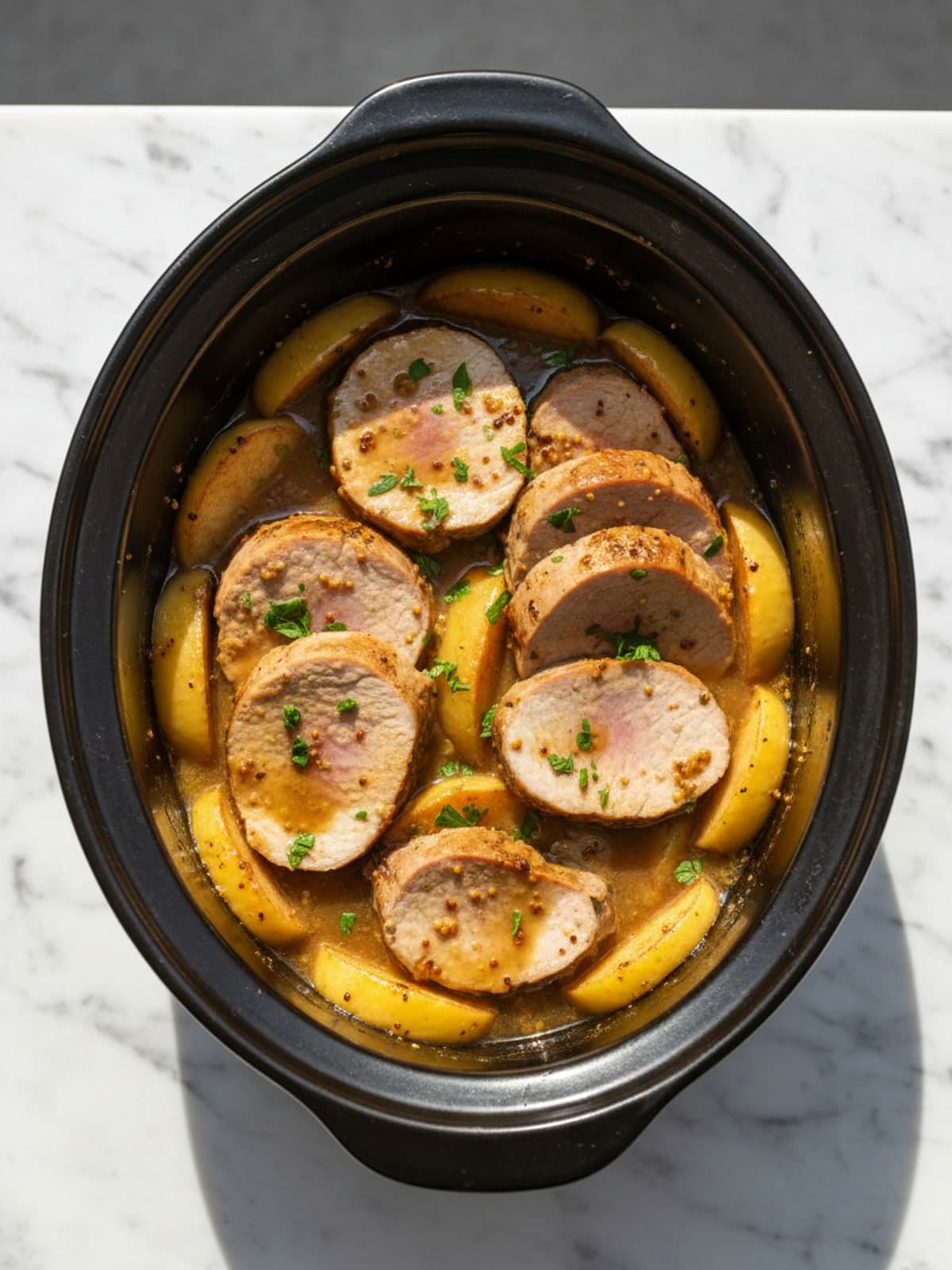 Apple Dijon Pork Tenderloin: Cook to the visual checkpoint