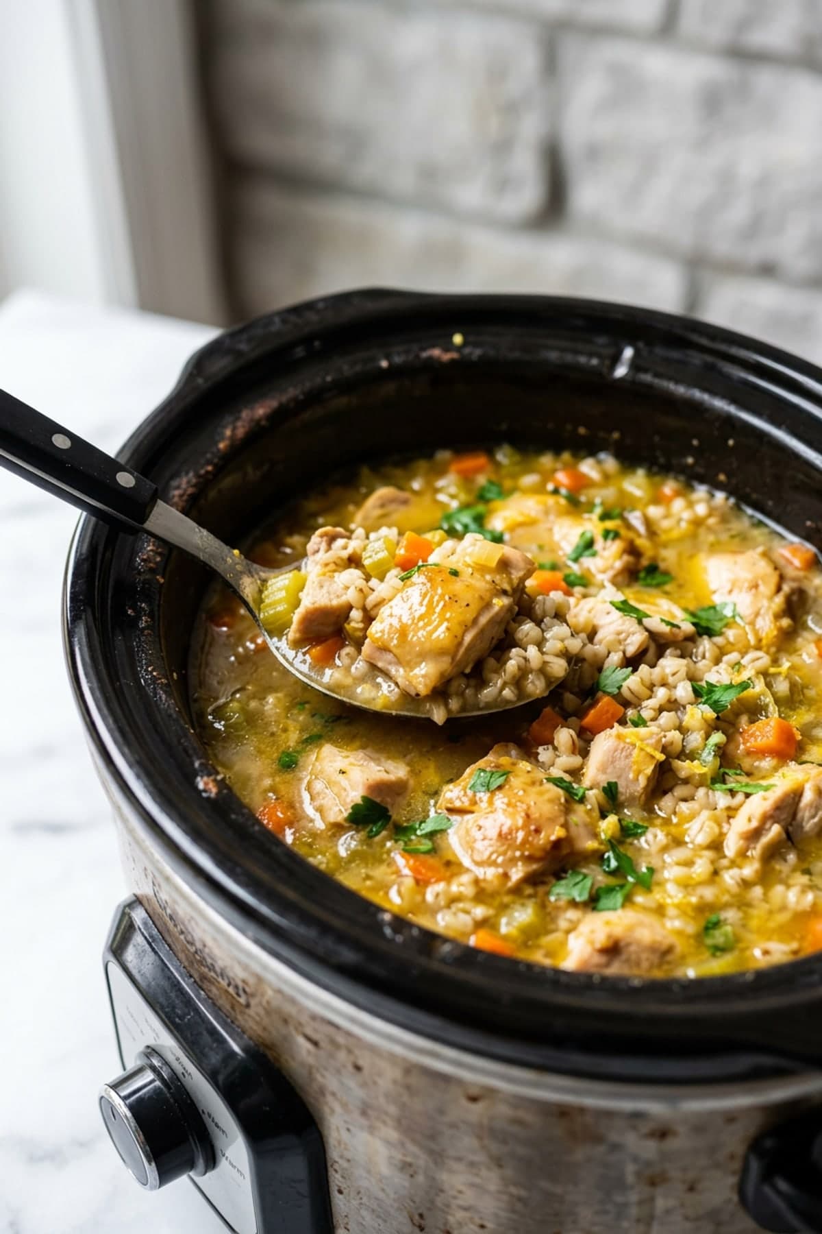 Crockpot Chicken Barley Soup ready to serve