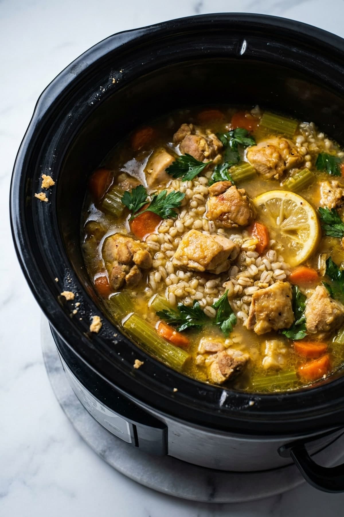 Crockpot Chicken Barley Soup with Lemon
