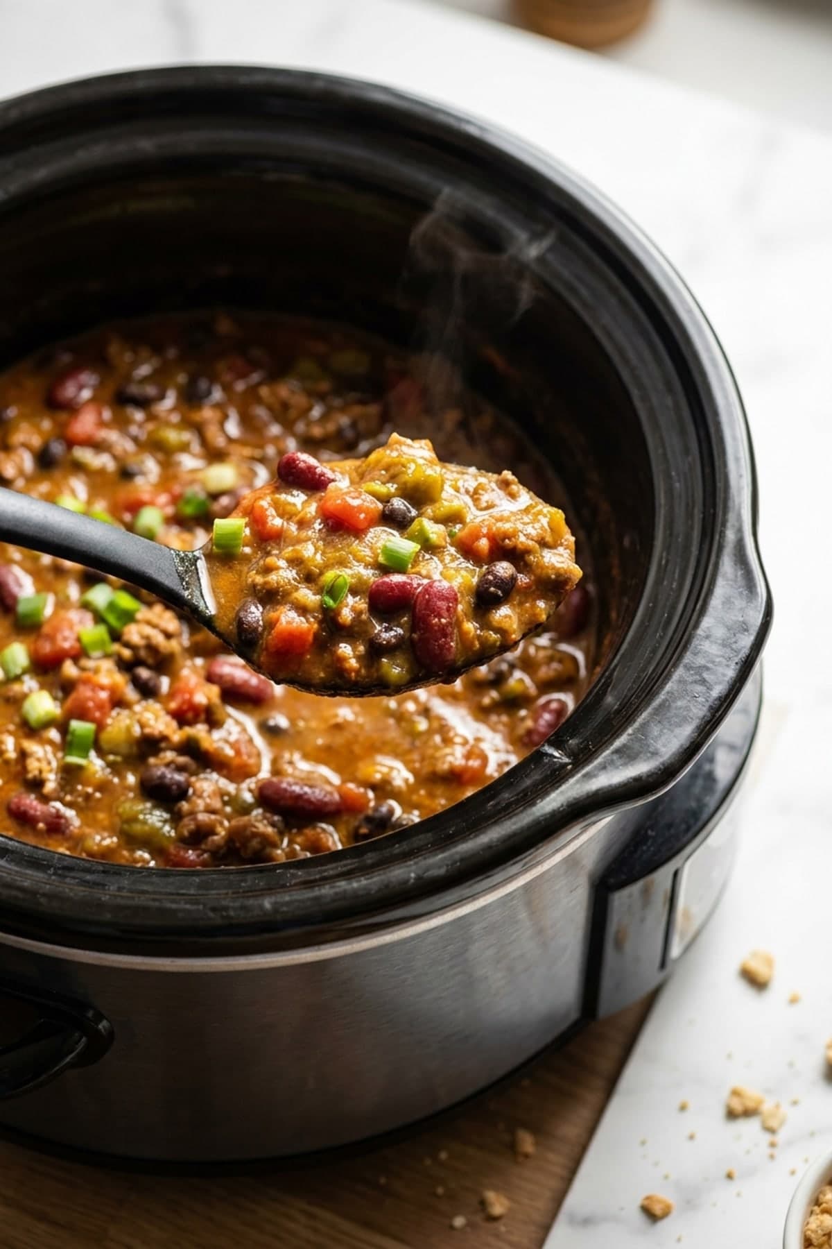 Two-Bean Ground Beef Crockpot Chili ready to serve