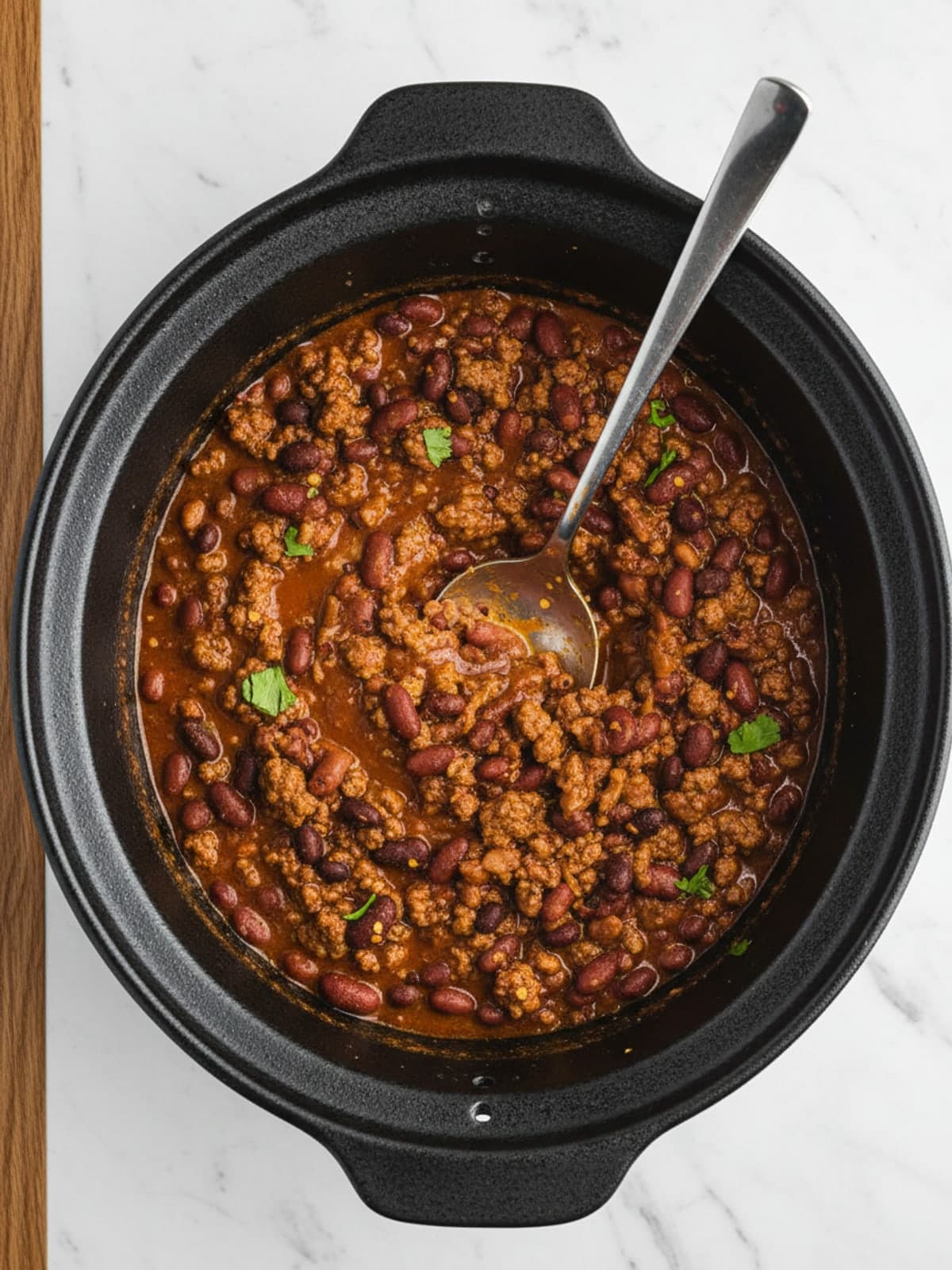 Two-Bean Ground Beef Crockpot Chili: Cook to a thick path