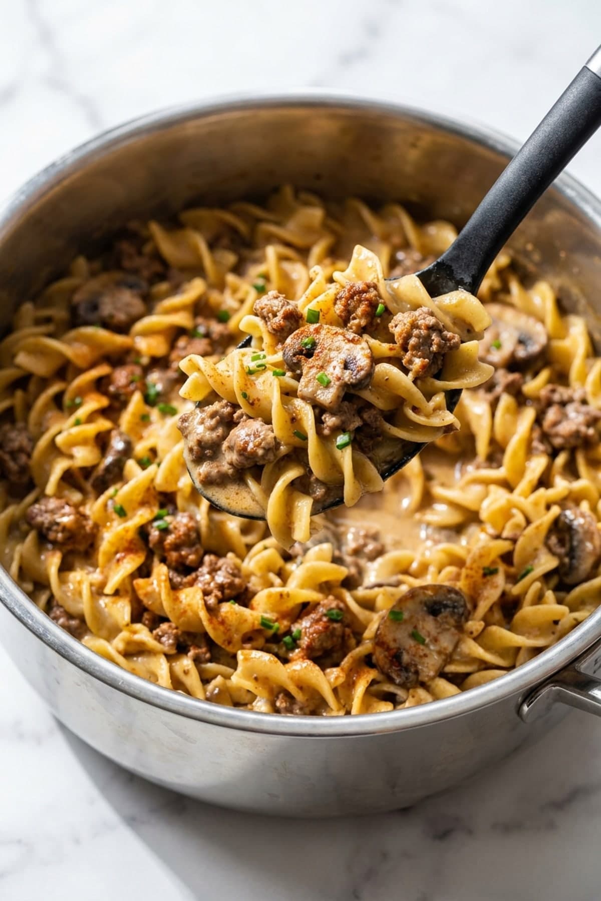 Ground Beef Stroganoff ready to serve