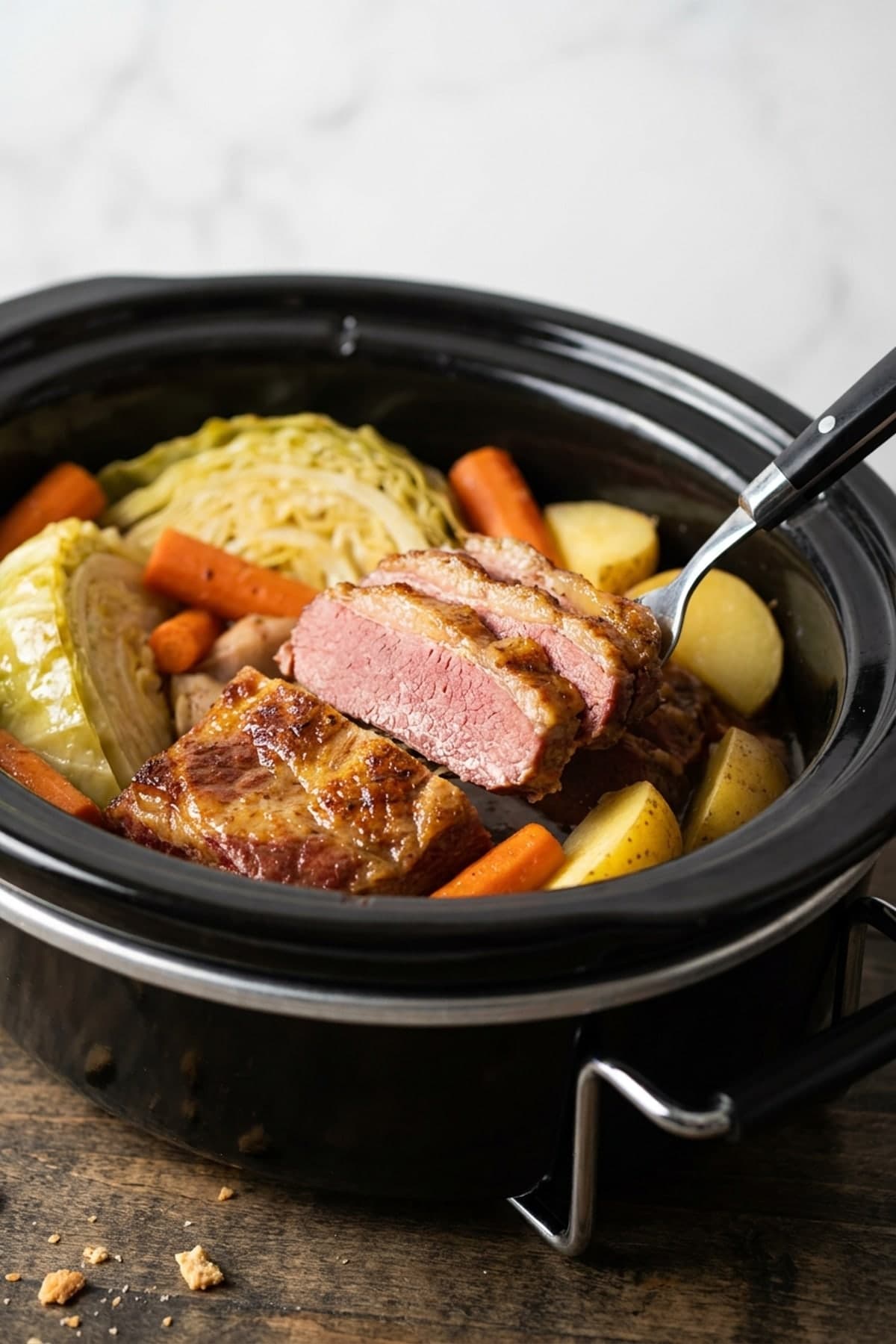 Slow Cooker Corned Beef and Cabbage ready to serve