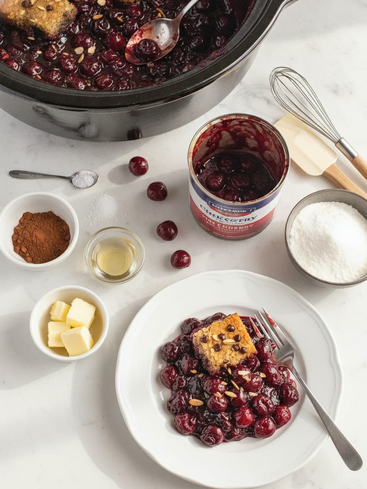 Chocolate Cherry Crockpot Cobbler: Layer the fruit