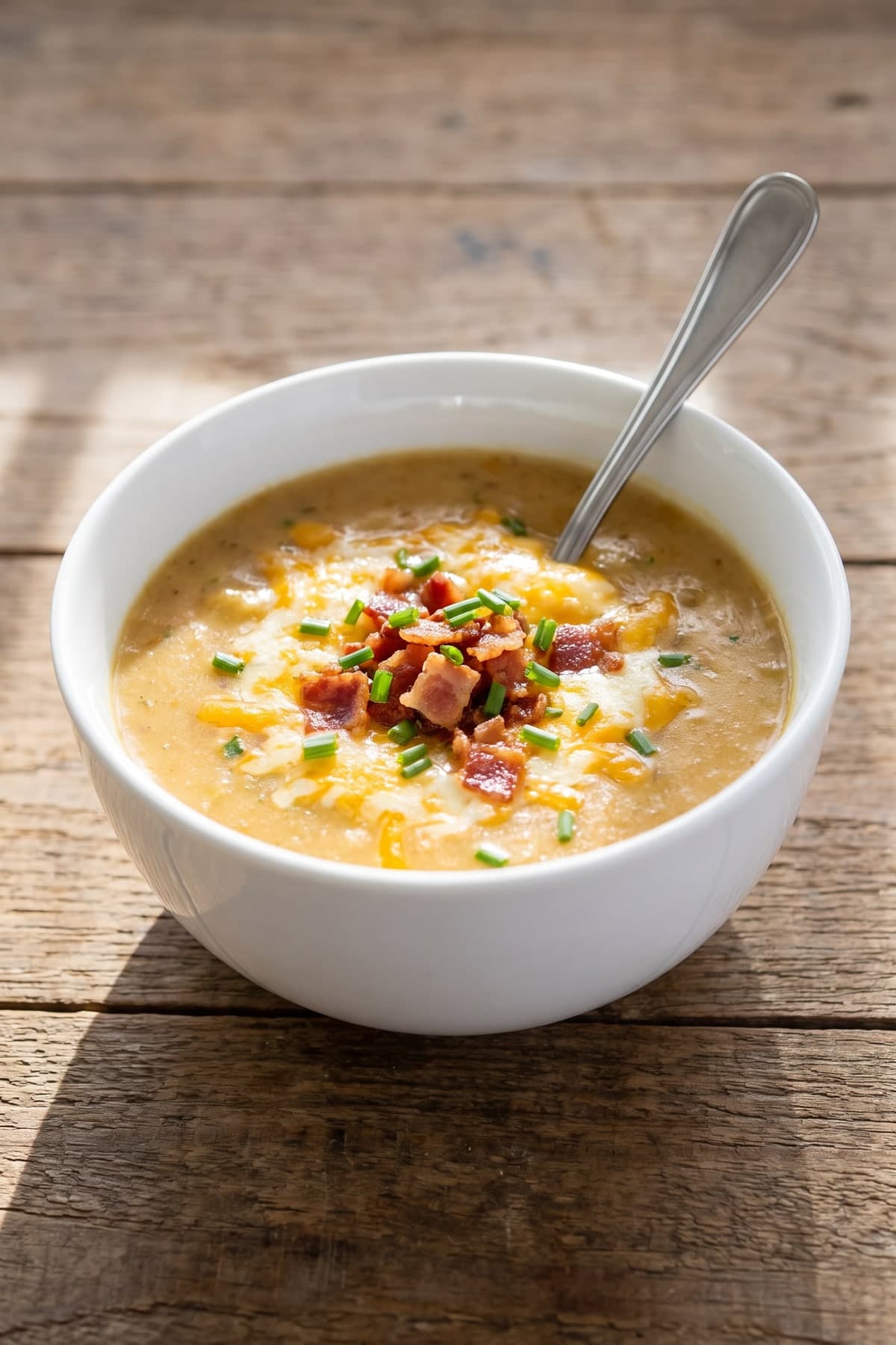 Two-Dish Crockpot Potato Soup ready to serve