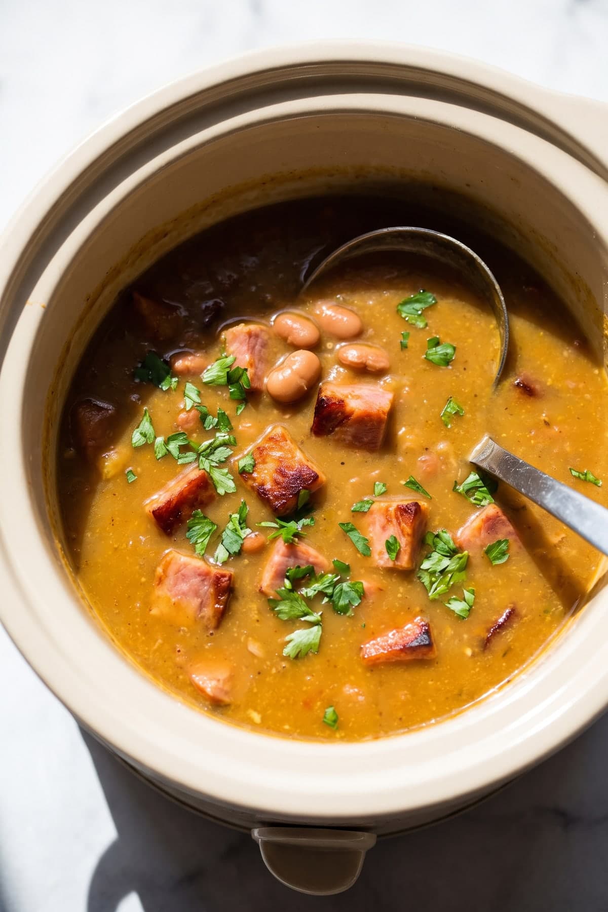 Crockpot Ham and Bean Soup ready to serve