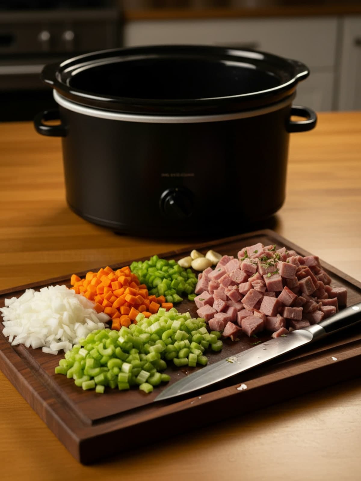 Crockpot Ham and Bean Soup: Chop the basics