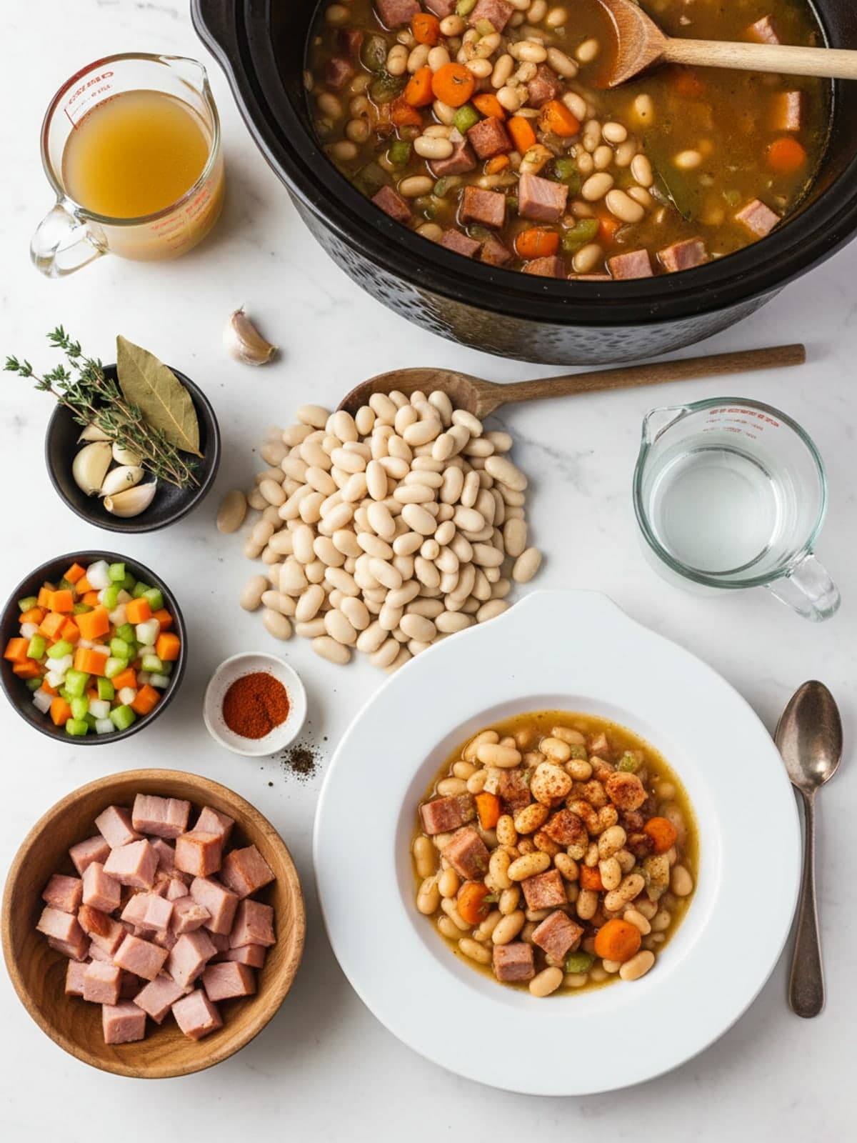 Crockpot Ham and Bean Soup: Load the cooker