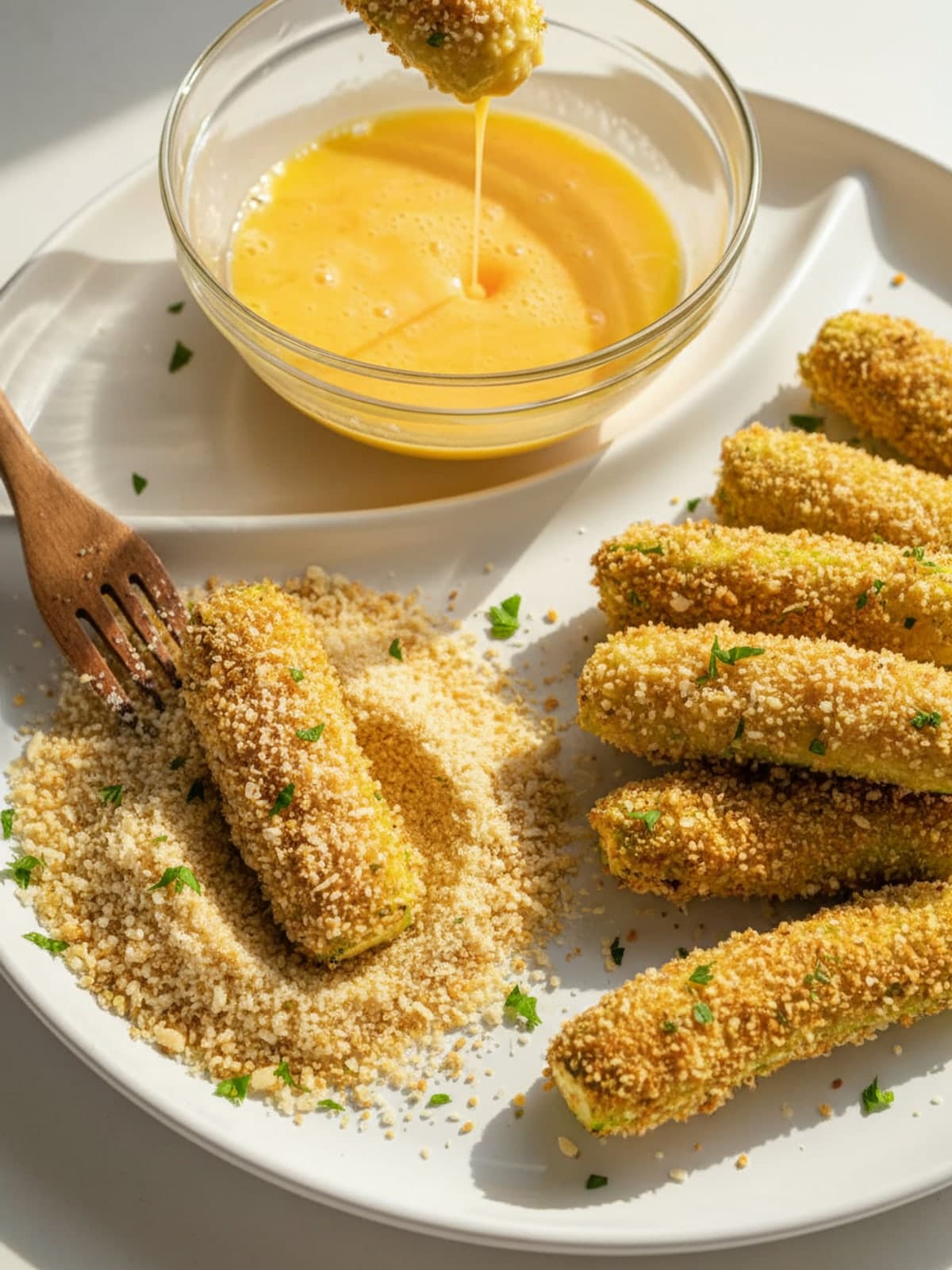 Parmesan Panko Air Fryer Zucchini Spears: Coat spears