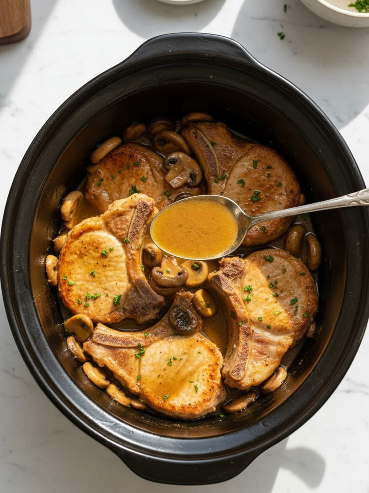 Mushroom Pork Chops: Cook to the visual checkpoint