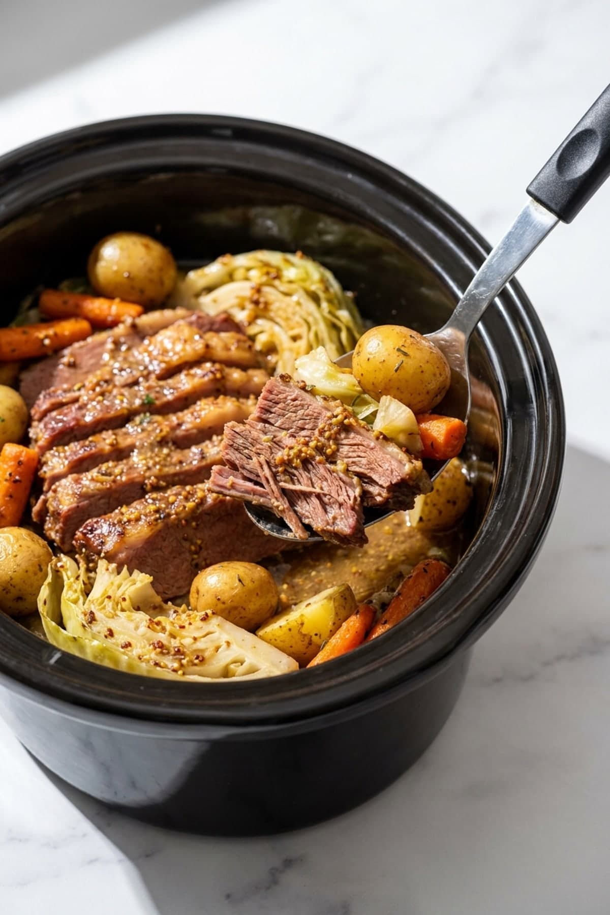 Corned Beef with Mustard Potatoes ready to serve