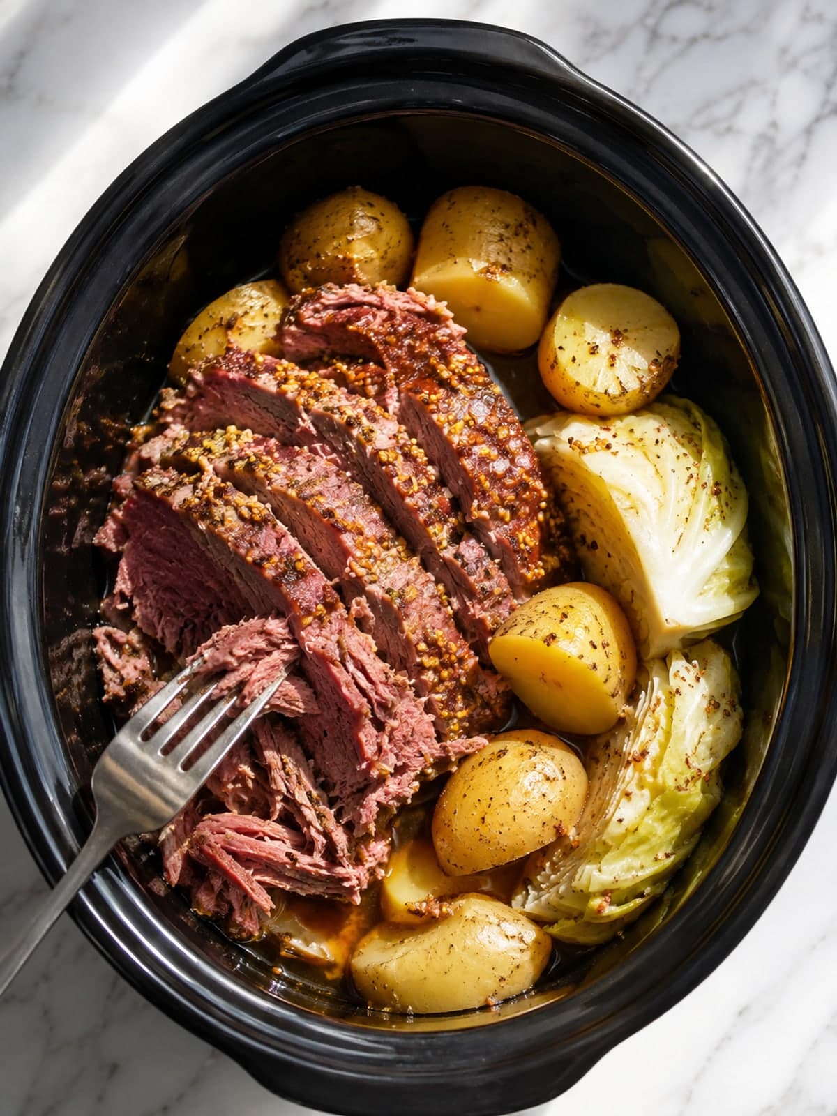 Corned Beef with Mustard Potatoes: Cook to the visual checkpoint