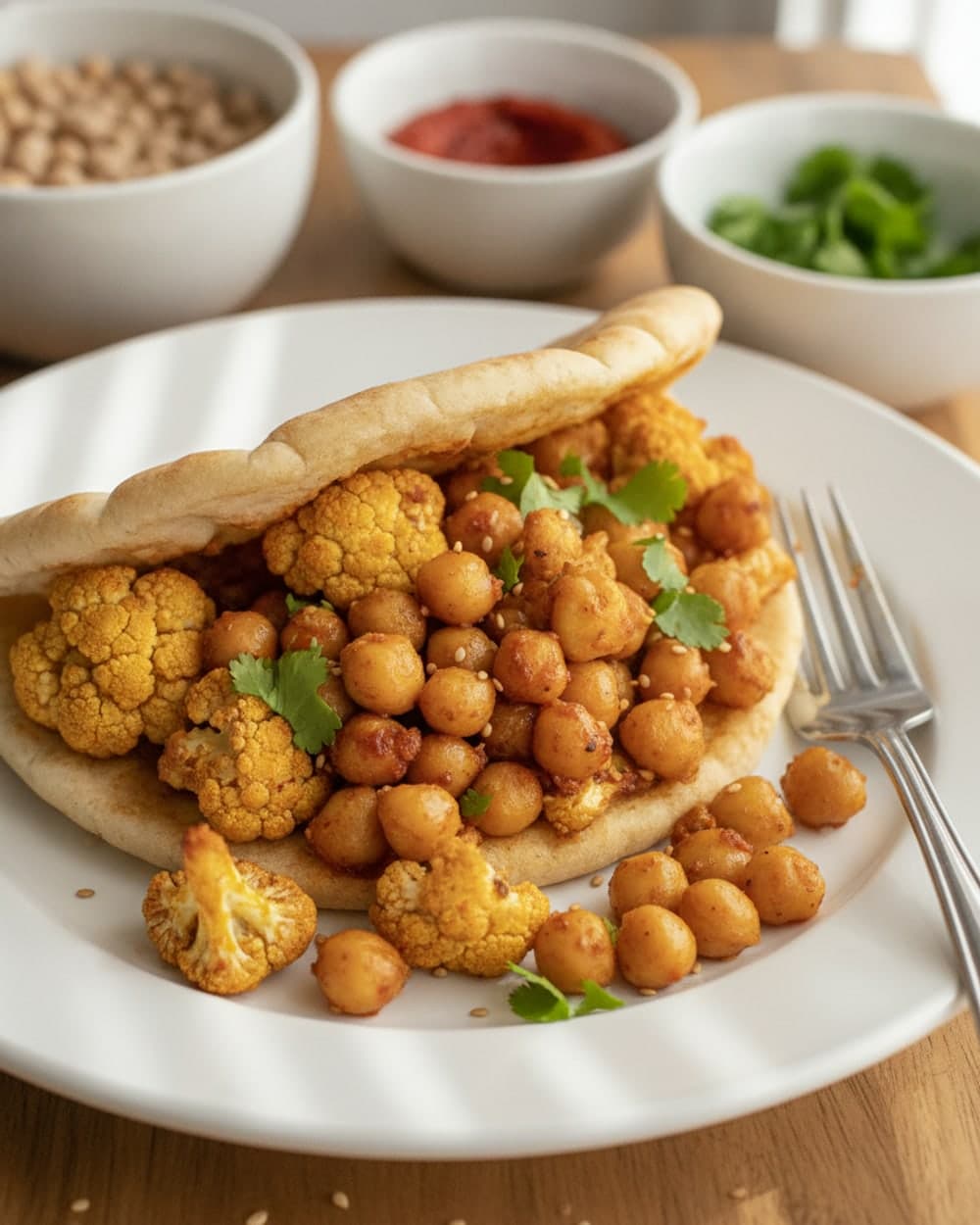 Harissa Cauliflower Chickpea Pitas