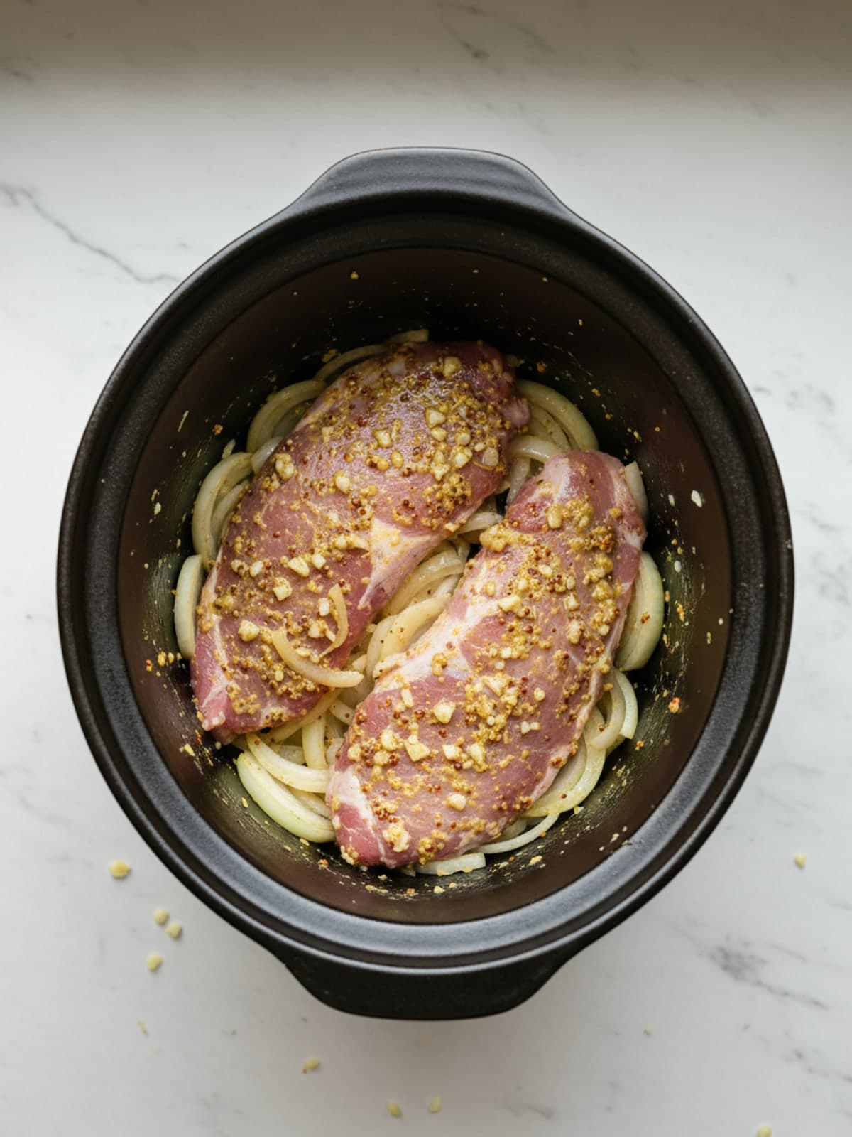 Crockpot Pork Tenderloin with Garlic Gravy: Position the pork