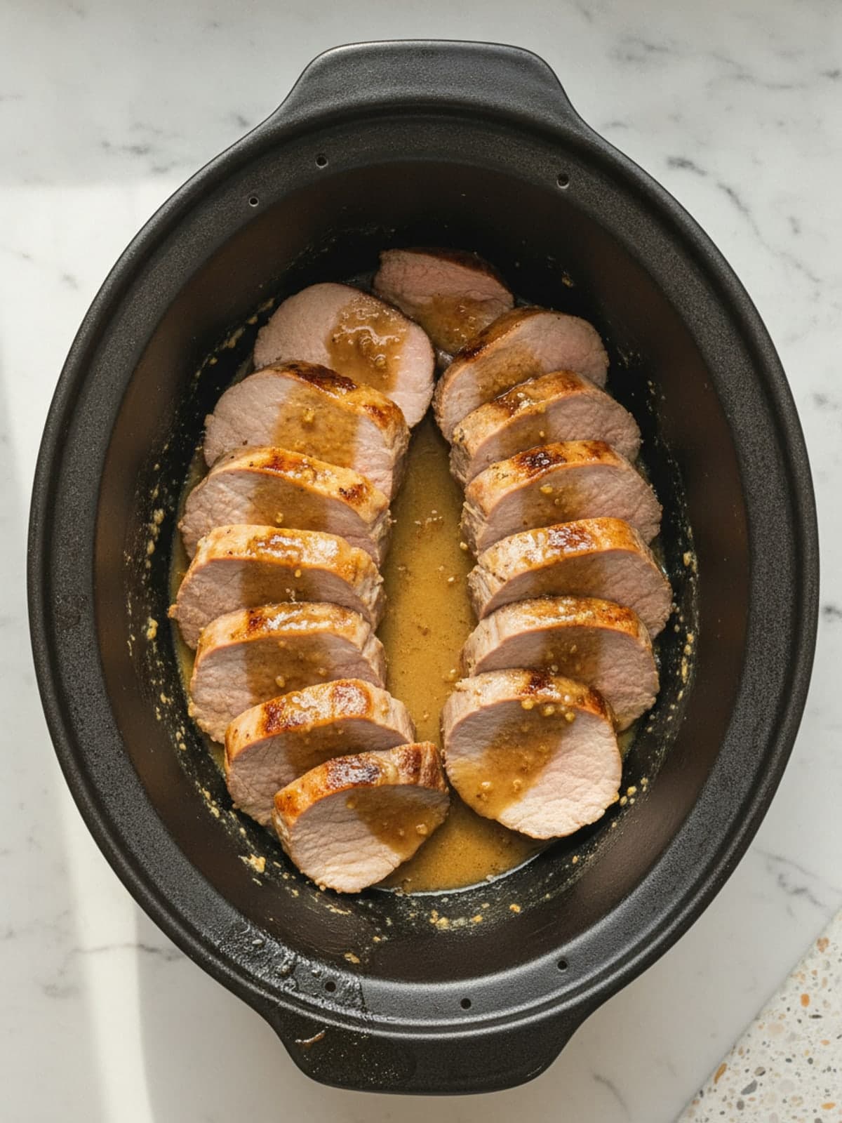 Crockpot Pork Tenderloin with Garlic Gravy: Check the center
