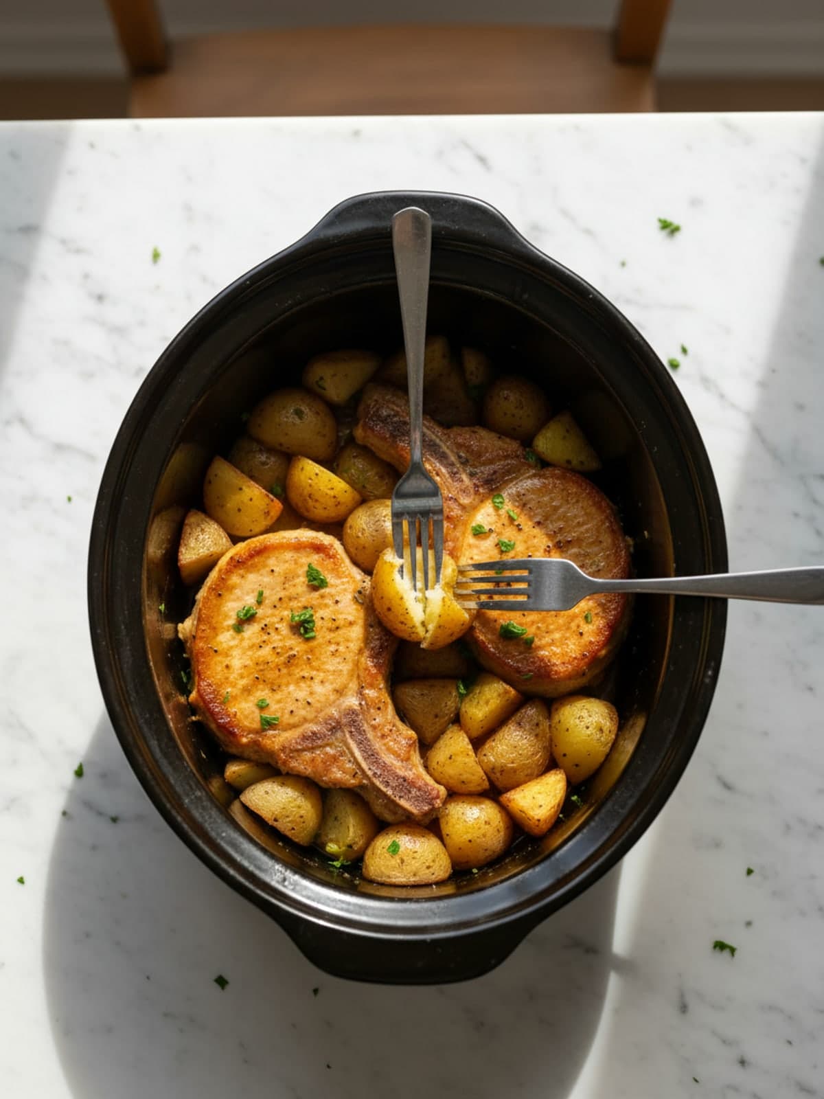 Ranch Pork Chops with Potatoes: Cook to the visual checkpoint