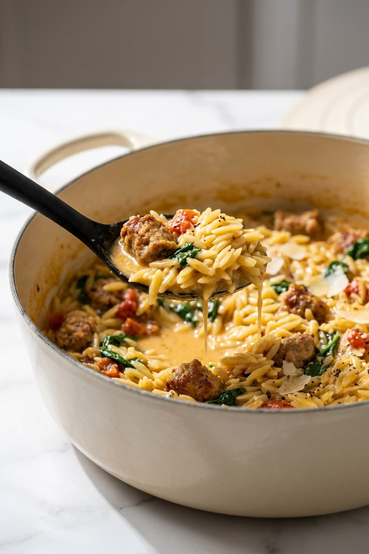 Creamy Sausage Orzo ready to serve