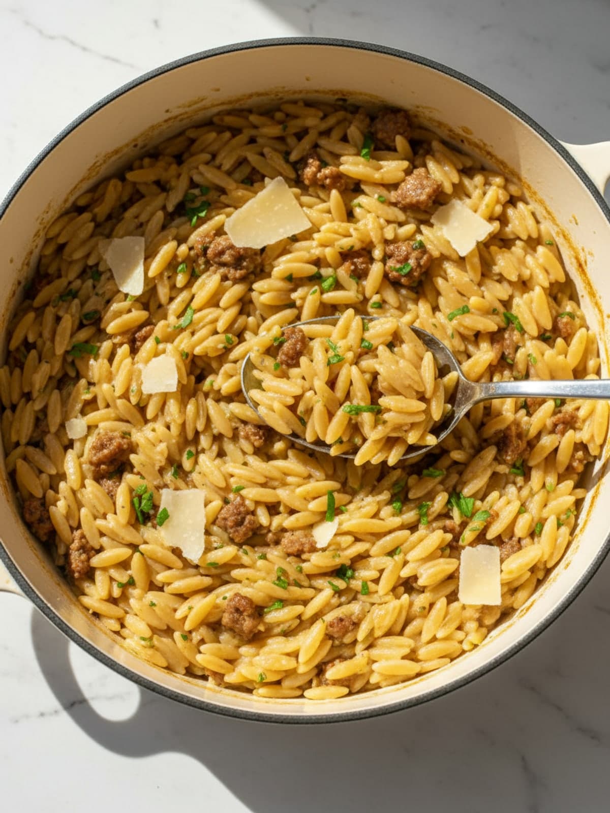 Creamy Sausage Orzo: Cook to the visual checkpoint