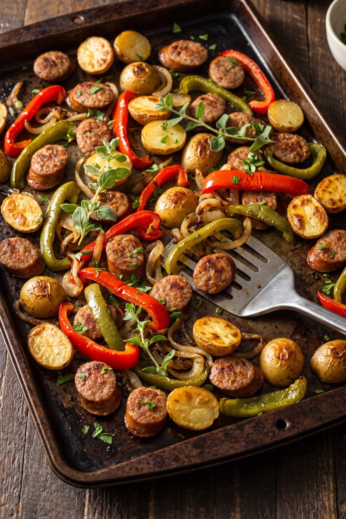 Sheet Pan Sausage, Peppers and Potatoes ready to serve