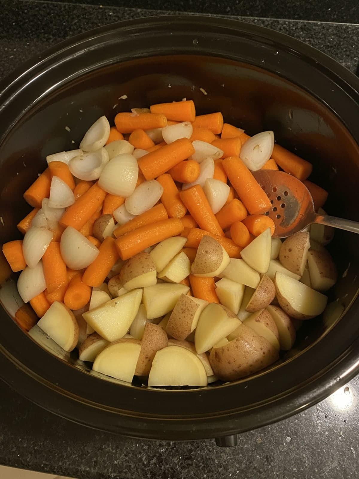 No-Browning Slow Cooker Beef Roast: Layer vegetables