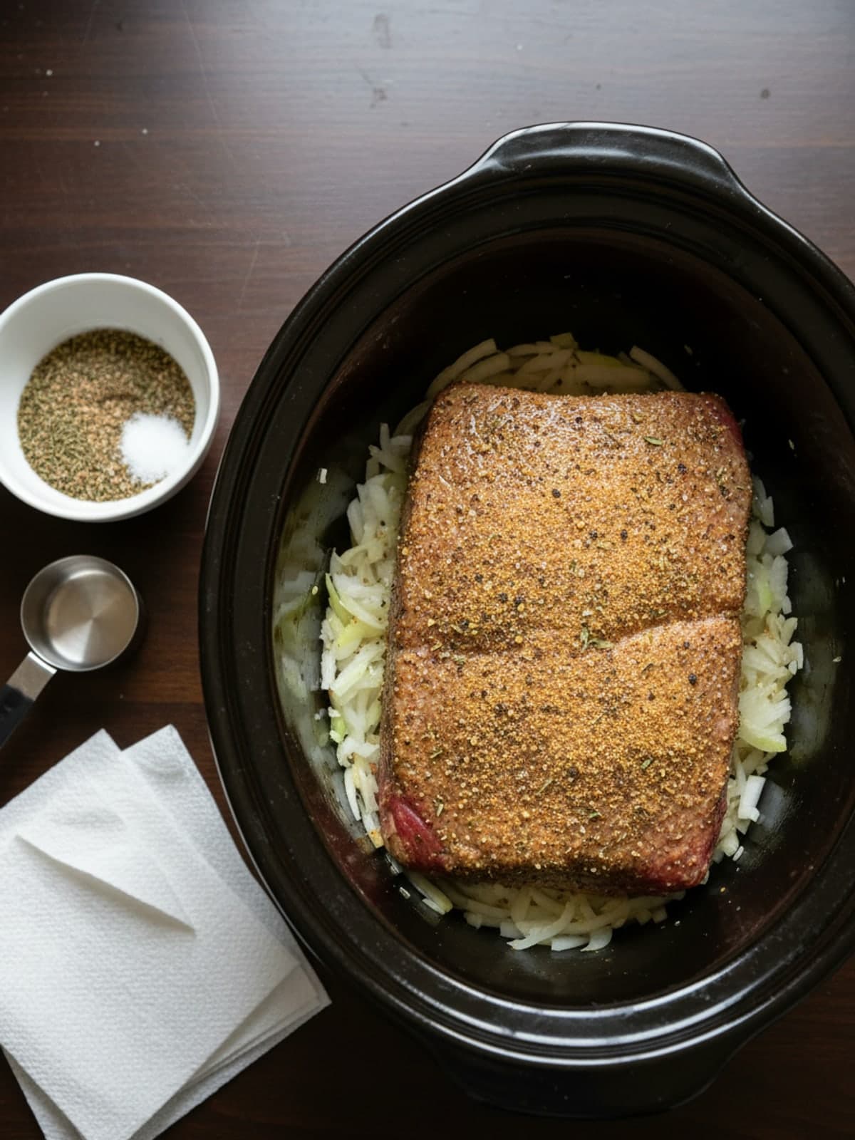 No-Brown Slow Cooker Chuck Roast: Season the roast