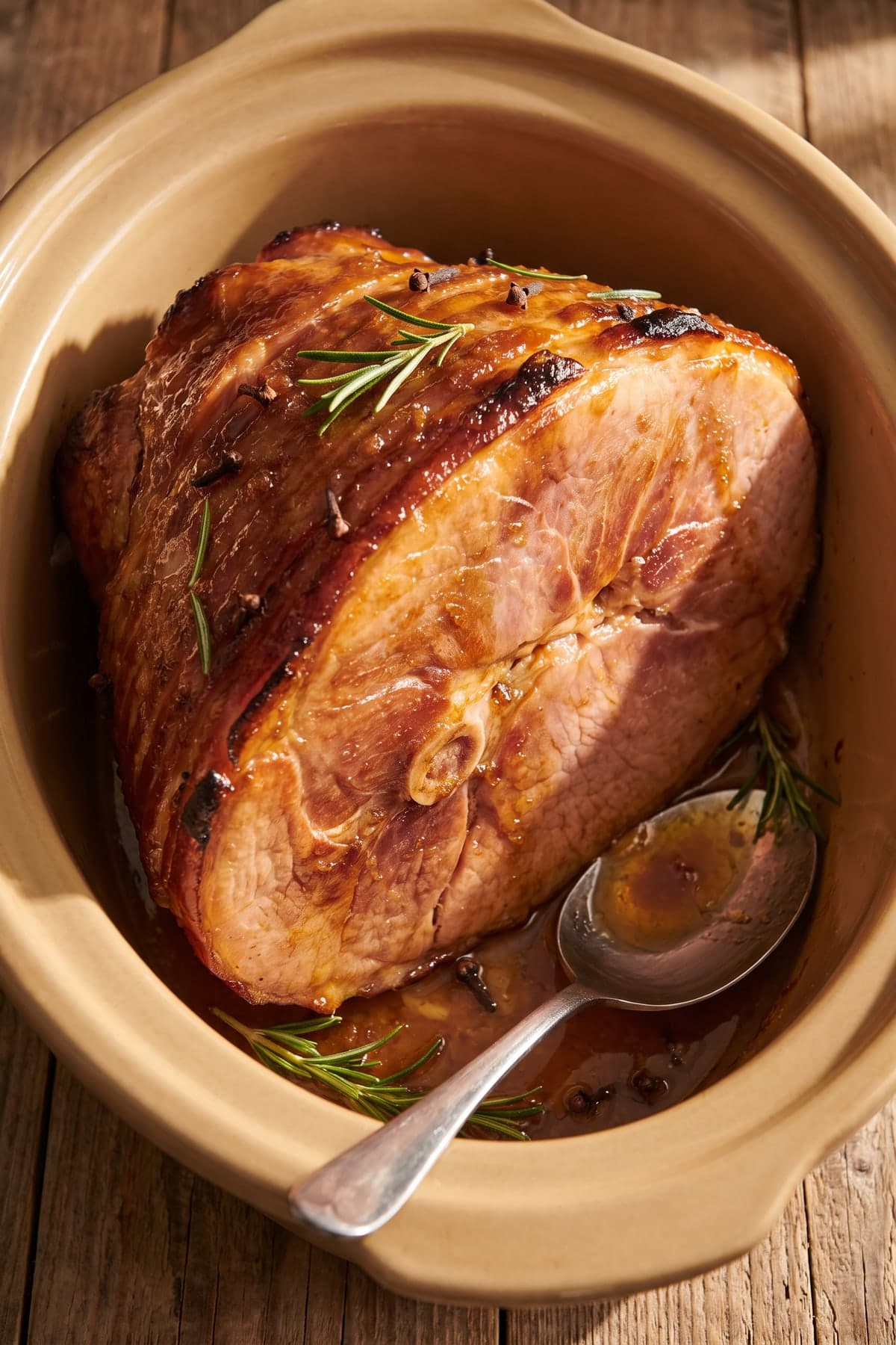 Lazy-Night Brown Sugar Slow Cooker Ham ready to serve