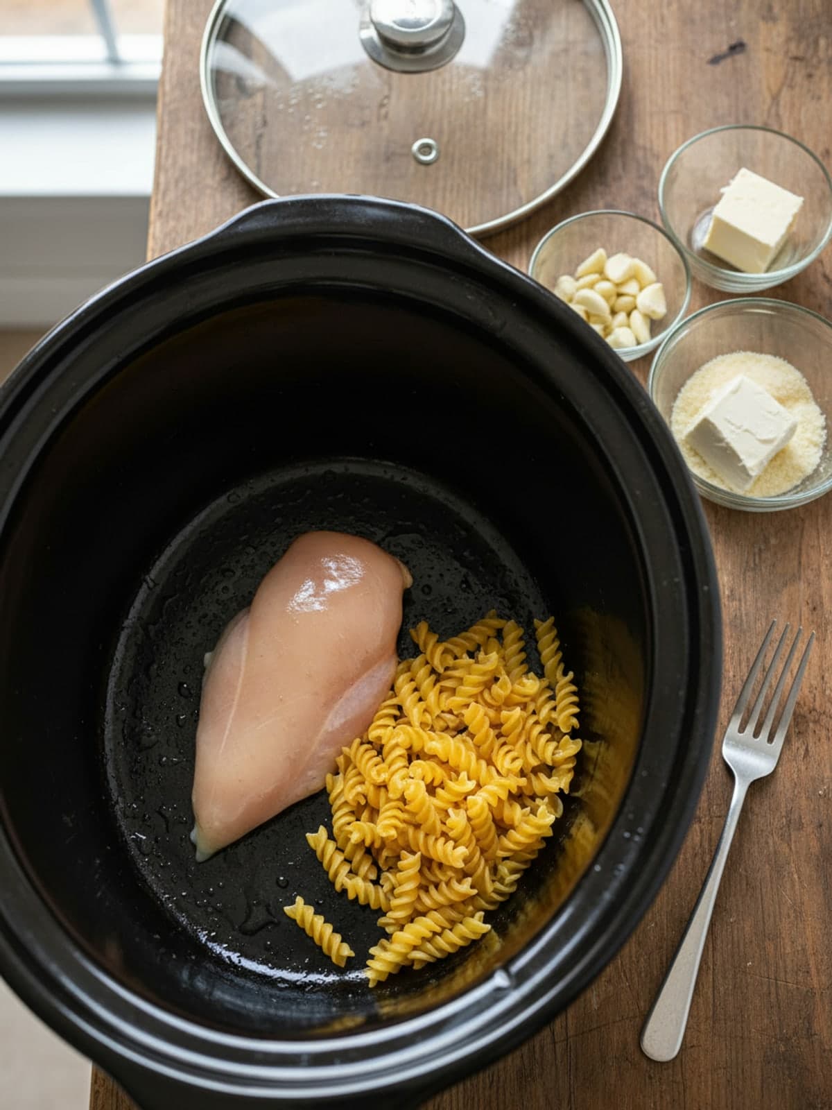 Slow Cooker Creamy Chicken Penne: 1. Set up the cooker