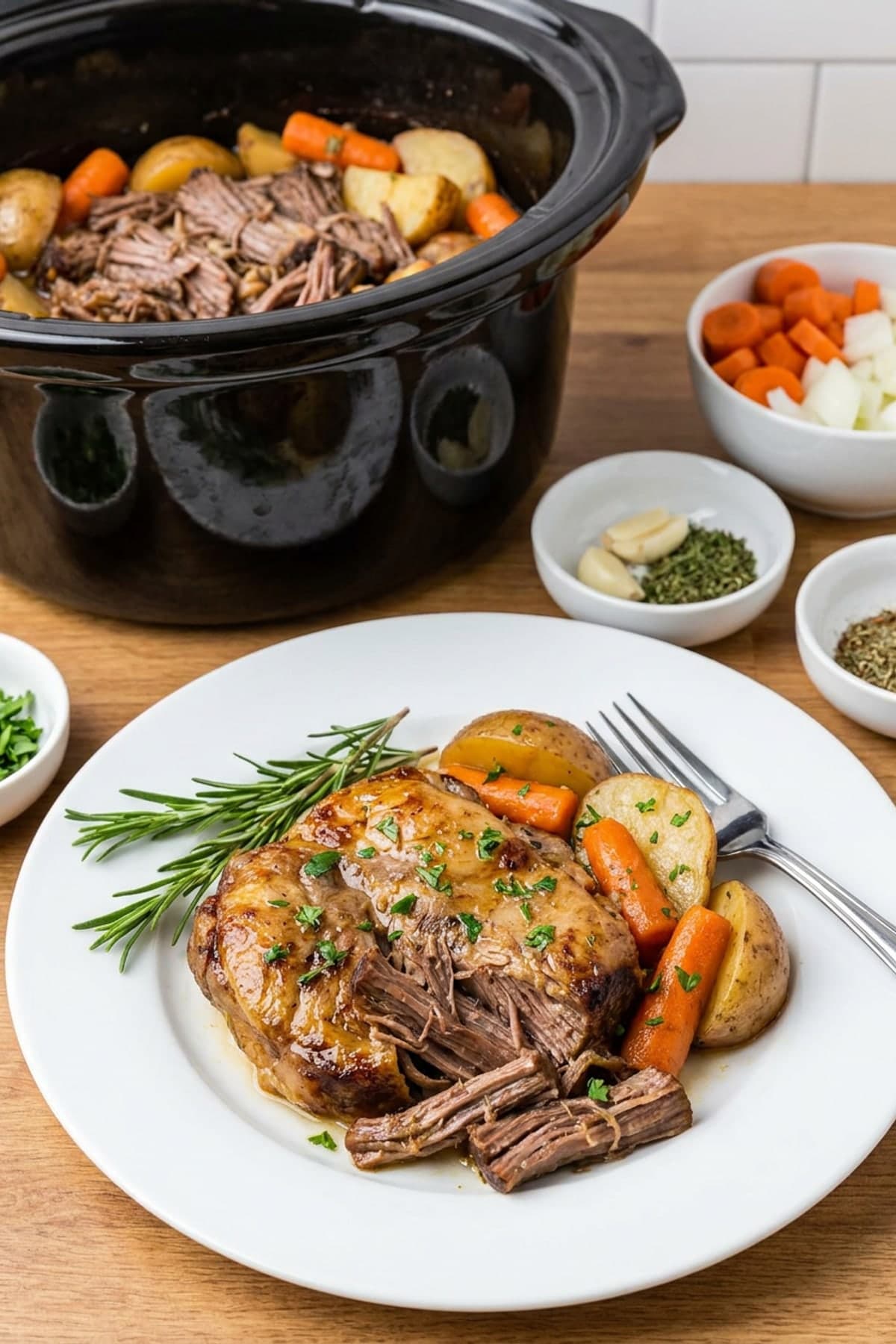 Everything-In-One Slow Cooker Pot Roast ready to serve