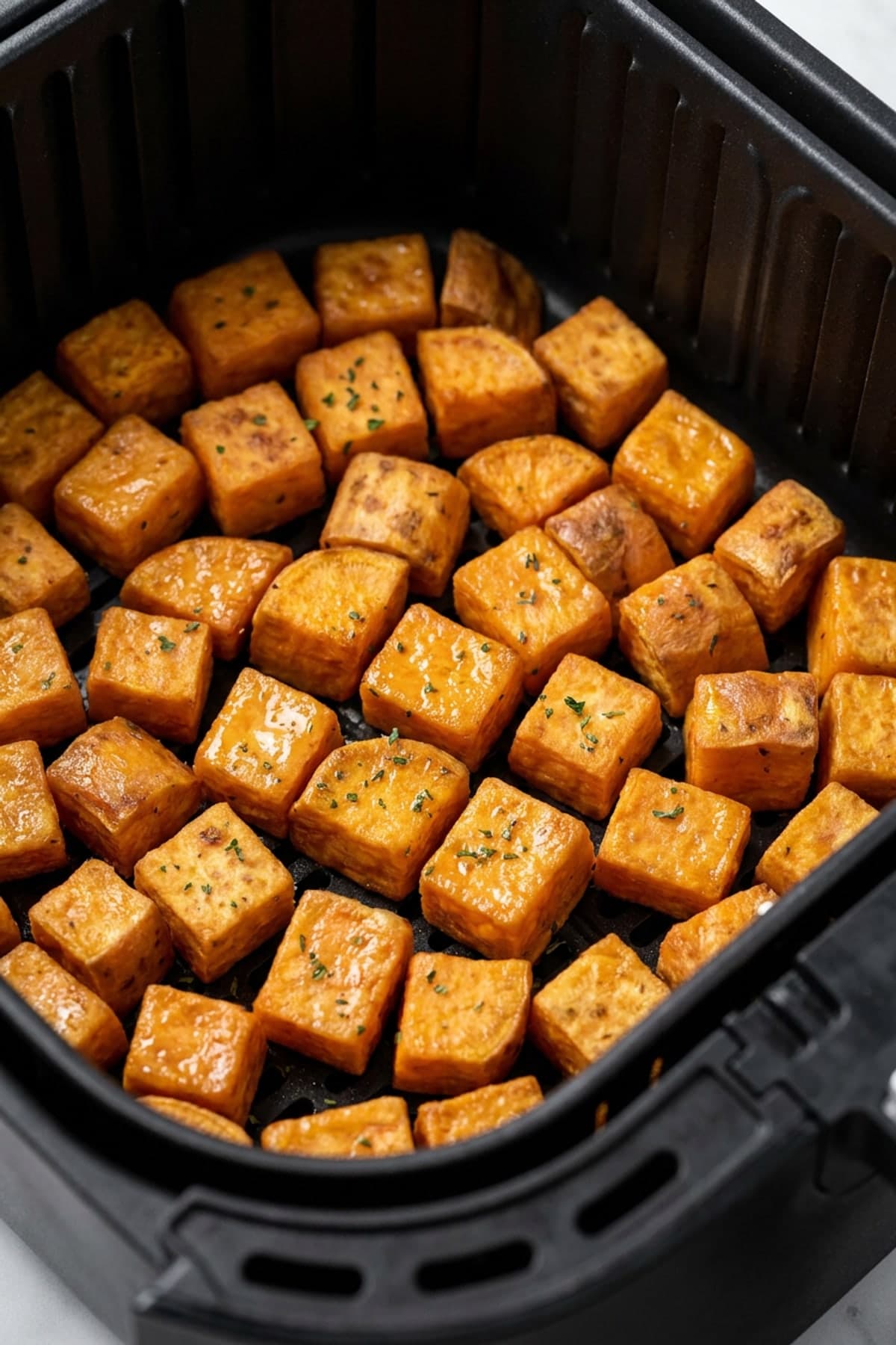 Air Fryer Frozen Sweet Potato Cubes ready to serve