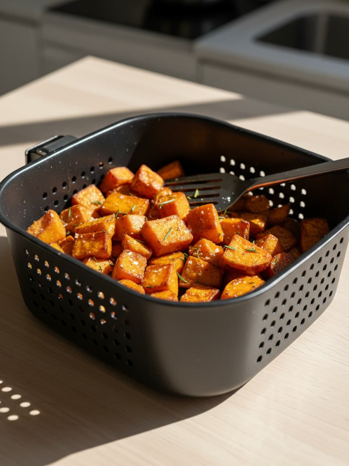 Air Fryer Frozen Sweet Potato Cubes: Heat the basket