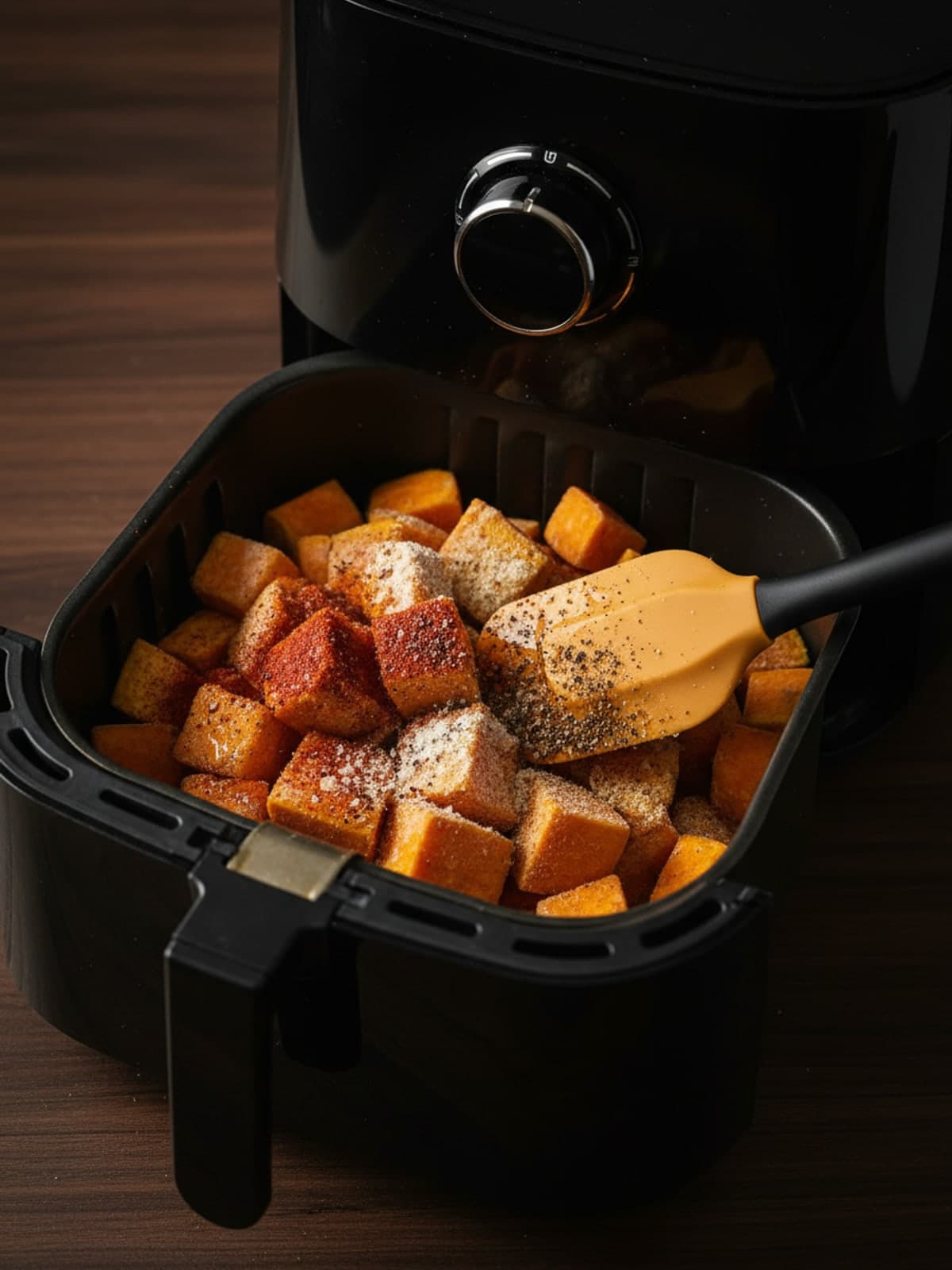 Air Fryer Frozen Sweet Potato Cubes: Season from frozen