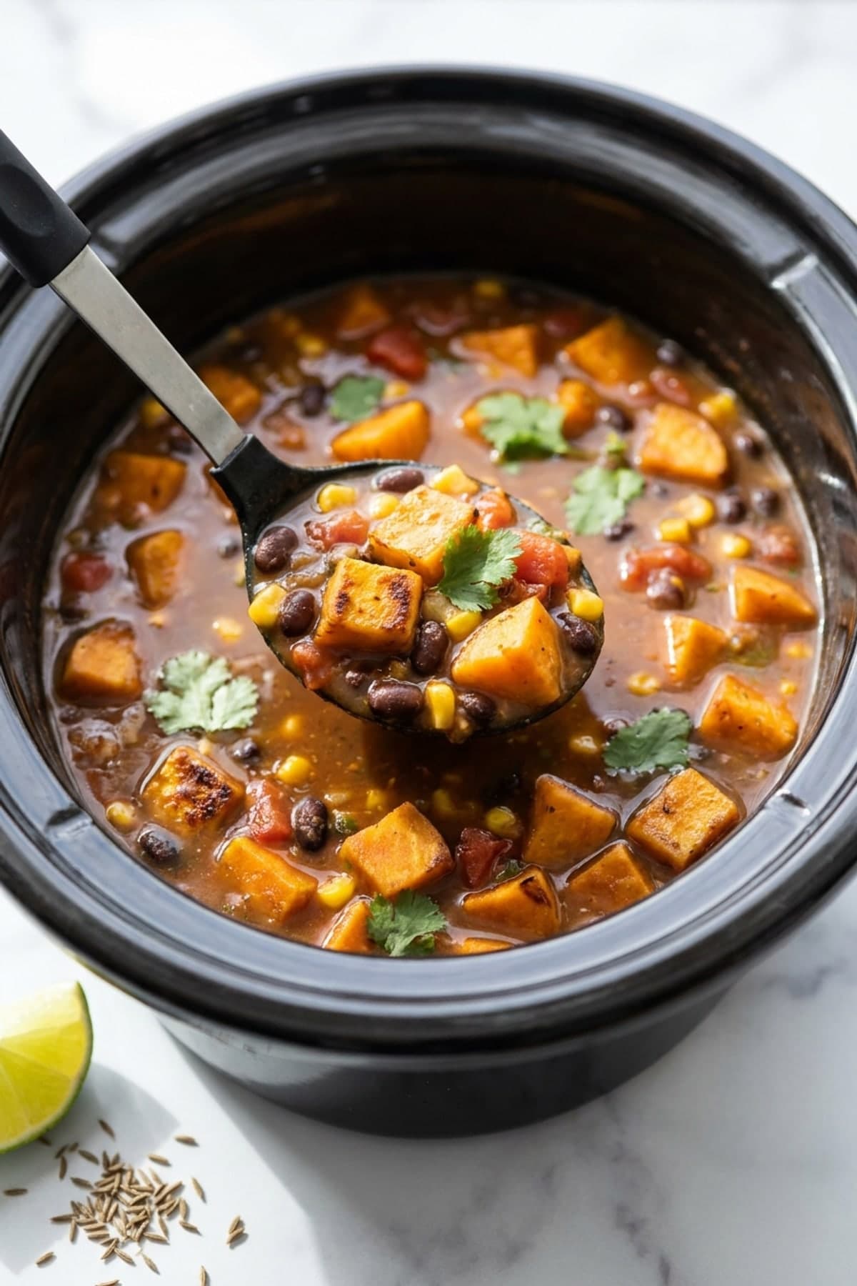 Sweet Potato Black Bean Soup ready to serve
