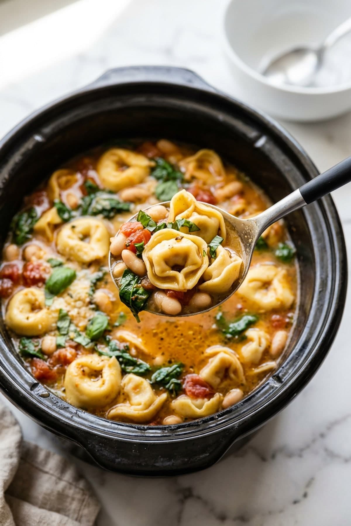White Bean Tortellini Soup ready to serve