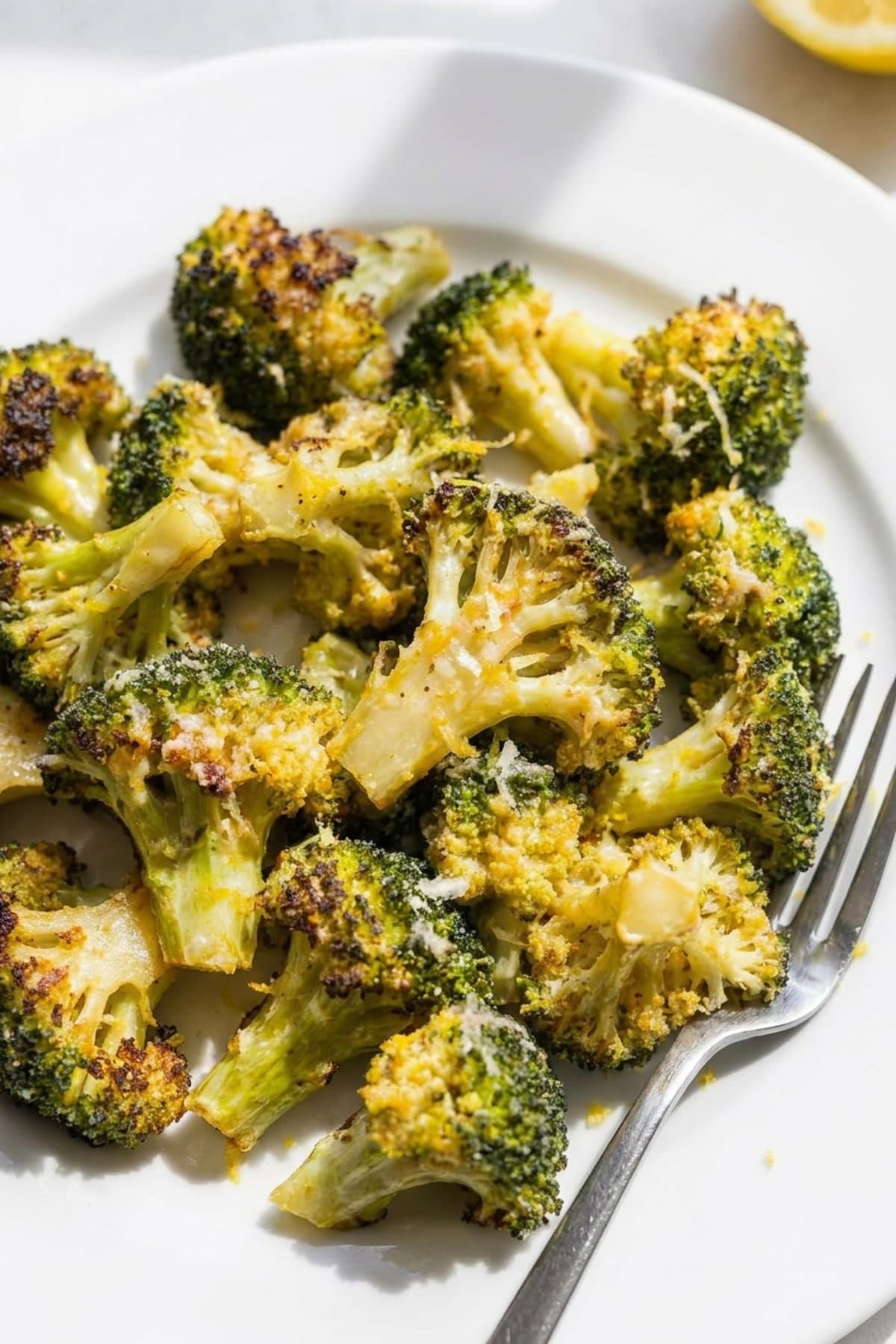 Lemon Parmesan Air Fryer Broccoli ready to serve