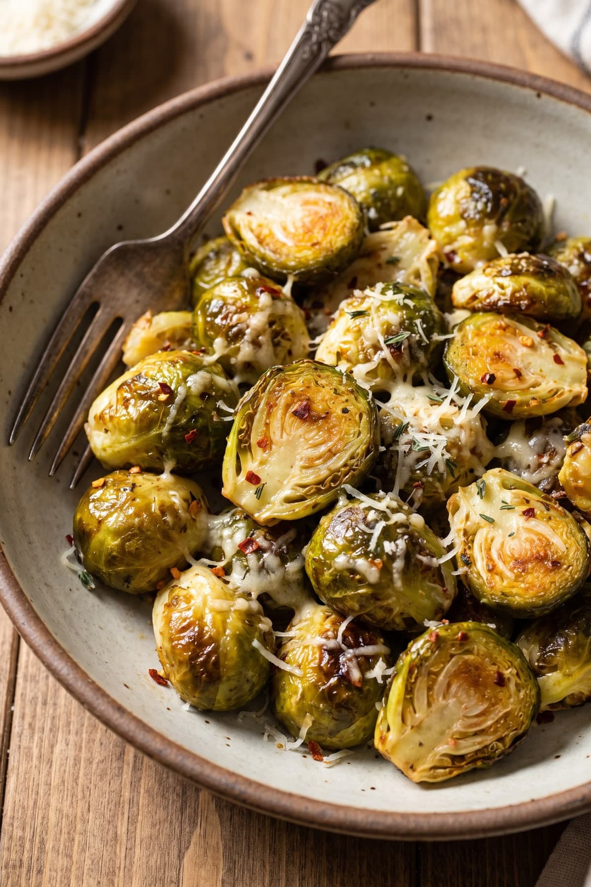 Air Fryer Parmesan Brussels Sprouts ready to serve