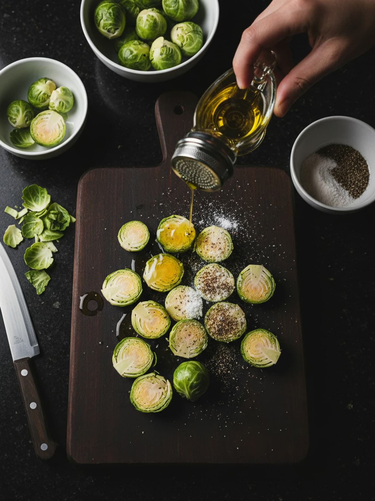 Air Fryer Parmesan Brussels Sprouts: Trim and season sprouts