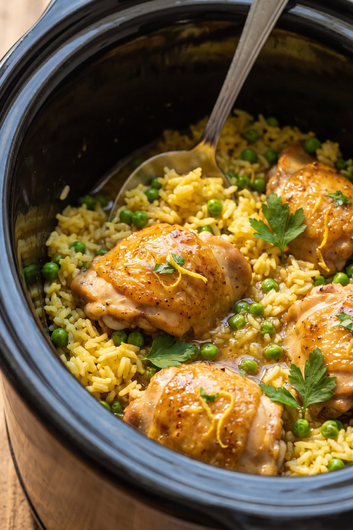 Instant Pot Lemon Chicken Rice and Peas ready to serve